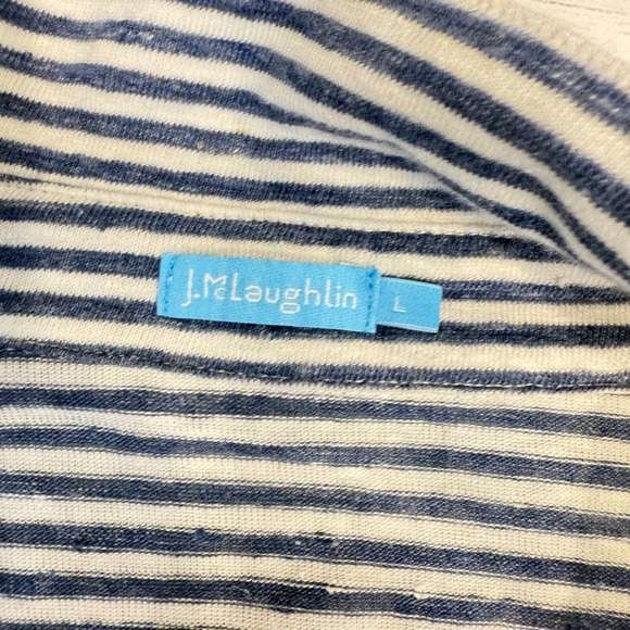 J McLaughlin Shirt L Navy Stripe Linen Cotton 3/4 Sleeve Button Coastal Preppy - Picture 6 of 10